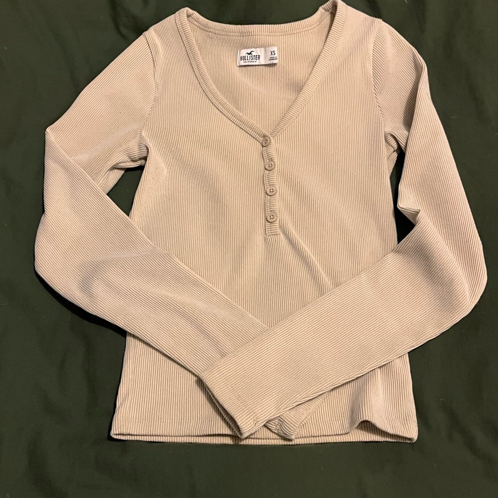 Hollister Beige Ribbed Henley long sleeve top